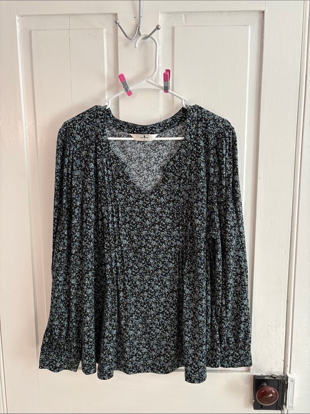 Floral V-Neck Long Sleeve Blouse in Black and Blue
